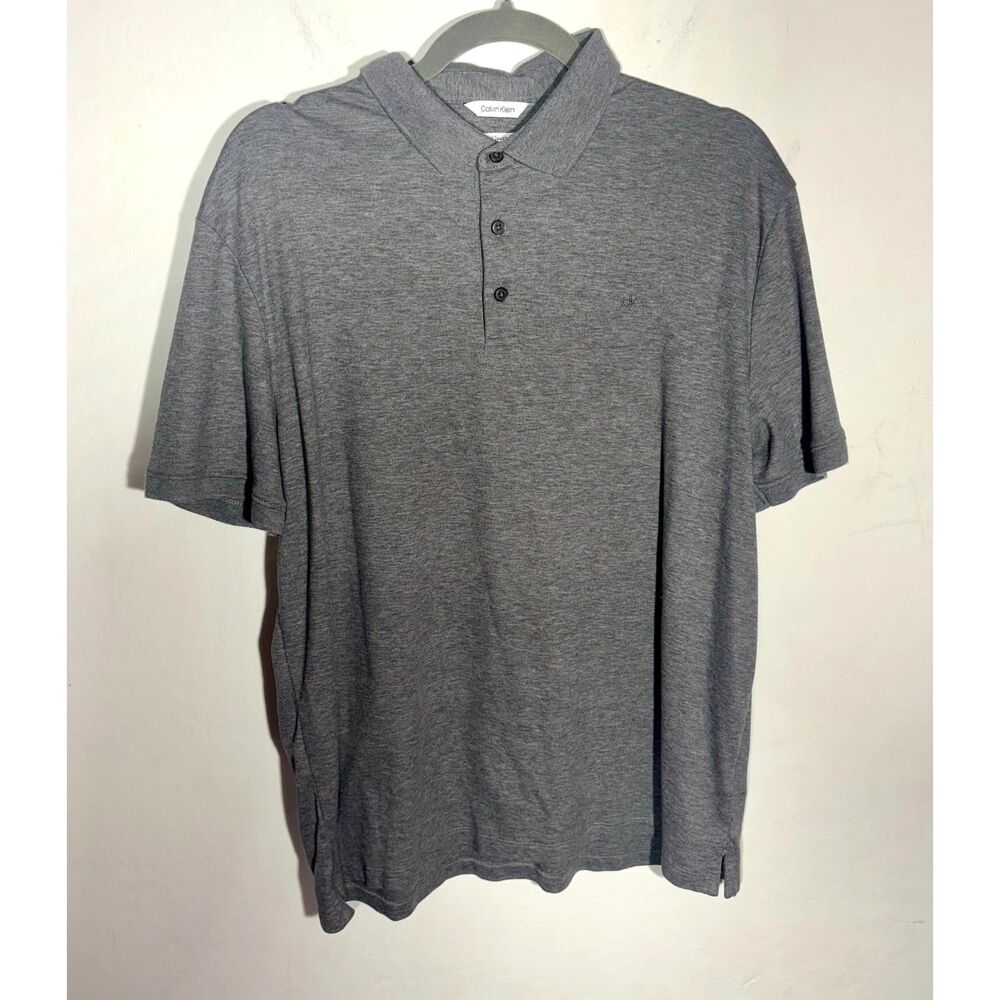 Calvin Klein Mens L Liquid Touch Polo Shirt Heather Gray CK Logo Short Sleeve